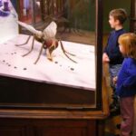 Zwei Kinder betrachten ein großes Moskito-Modell, das in einer Glasvitrine in einem Museum ausgestellt ist.