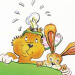 Ein Cartoon-Biber mit einer Glühbirne auf dem Kopf und ein Kaninchen schauen neugierig auf eine grüne Fläche.