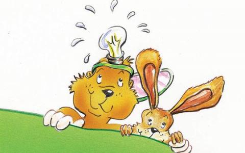 Ein Cartoon-Biber mit einer Glühbirne auf dem Kopf und ein Kaninchen schauen neugierig auf eine grüne Fläche.
