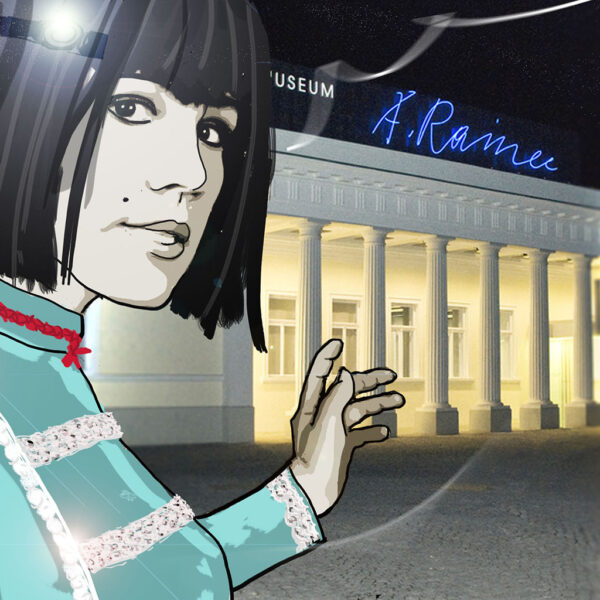 Illustrierte Frau mit kurzen dunklen Haaren und blauem Kleid gestikuliert in Richtung eines hell erleuchteten Gebäudes mit Säulen mit der Aufschrift "A. Rainee Museum" bei Nacht.