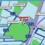 Eine Karte, die die Lage von "Sport & Fun" hervorhebt, mit Beschriftung der umliegenden Straßen, einschließlich Polgarstraße, Stadlauer Straße und Rugierstraße.