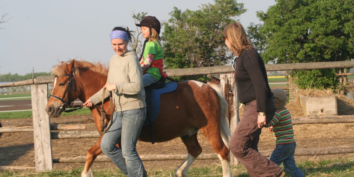 Ein Kind reitet auf einem Pony, wobei ein Erwachsener das Pony führt und ein anderer daneben geht, während ein Kleinkind in einem eingezäunten Außenbereich hinterherläuft.