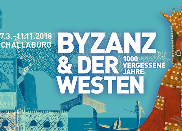 Werbeplakat für eine Ausstellung mit dem Titel "Byzanz & der Westen: 1000 vergessene Jahre" auf der Schallaburg, mit stilisierten mittelalterlichen Kunstwerken und Veranstaltungsdaten.