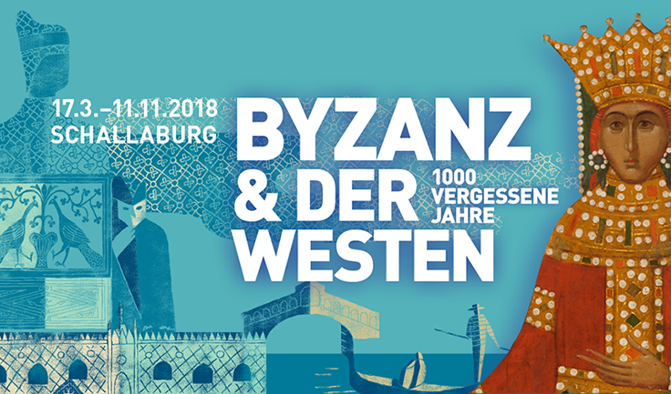 Werbeplakat für eine Ausstellung mit dem Titel "Byzanz & der Westen: 1000 vergessene Jahre" auf der Schallaburg, mit stilisierten mittelalterlichen Kunstwerken und Veranstaltungsdaten.