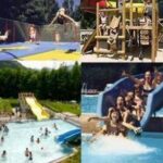 Eine Collage zeigt Menschen, die sich auf einem Trampolin, einem Spielplatz, einer Wasserrutsche und in einem Schwimmbecken in einem Naherholungsgebiet vergnügen.
