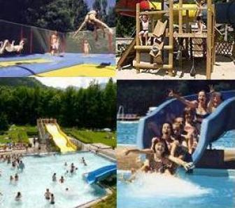 Eine Collage zeigt Menschen, die sich auf einem Trampolin, einem Spielplatz, einer Wasserrutsche und in einem Schwimmbecken in einem Naherholungsgebiet vergnügen.