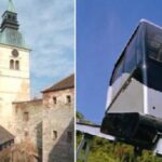 Geteiltes Bild: Links ein historischer Steinturm mit grüner Spitze, rechts eine moderne, verglaste Standseilbahn oder Seilbahn vor blauem Himmel.