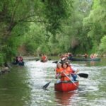 An einem bewölkten Tag paddeln mehrere Gruppen von Menschen in Kanus einen schmalen, von Bäumen gesäumten Fluss hinunter.