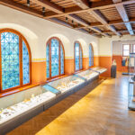 Ausstellungsraum des Museums mit großen Bogenfenstern, Holzfußboden und Vitrinen mit verschiedenen Artefakten an den Wänden und in der Mitte.