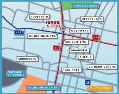 Vereinfachte Straßenkarte mit Hauptstraßen, Linien des öffentlichen Nahverkehrs und beschrifteten Orten wie Wilhelminenstraße, Ottakringerstraße und nahe gelegenen Einrichtungen.