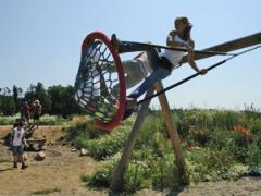 Eine Person schwingt auf einer großen Seilschaukel in einem Park mit Grünflächen und Menschen im Hintergrund.