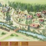 Illustrierte Karte eines historischen Parks mit Gebäuden, Tiergehegen, Wanderwegen, einem Bach und einer kleinen Eisenbahn, mit Beschriftungen, die verschiedene Attraktionen und Bereiche von Interesse kennzeichnen.