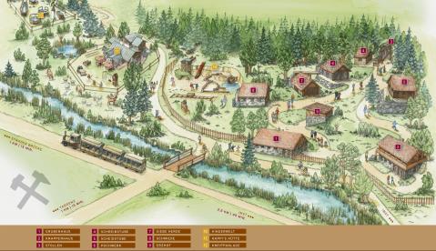 Illustrierte Karte eines historischen Parks mit Gebäuden, Tiergehegen, Wanderwegen, einem Bach und einer kleinen Eisenbahn, mit Beschriftungen, die verschiedene Attraktionen und Bereiche von Interesse kennzeichnen.