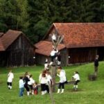 Kinder spielen und klettern auf Holzkonstruktionen auf einer Wiese in der Nähe von rustikalen Holzhäusern mit roten Ziegeldächern, umgeben von Bäumen.