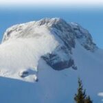 Schneebedeckter Berggipfel unter klarem blauen Himmel, mit einigen Bäumen am unteren Bildrand.