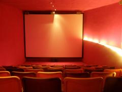 Ein kleiner, leerer Kinosaal mit roten Wänden, gelben Sitzreihen und einer leeren Leinwand im vorderen Bereich.