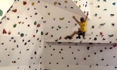 Eine Person in einem gelben Hemd klettert an einer Indoor-Kletterwand mit bunten Griffen.