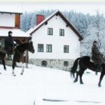 Drei Menschen reiten an einem Wintertag auf Pferden vor verschneiten Häusern und Bäumen.