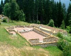 Ruinen alter Steinbauten, umgeben von Gras und Bäumen, mit einem Waldgebiet im Hintergrund.