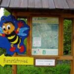 Holzschild mit einer Cartoon-Biene und einer Karte, auf der ein gelber Pfeil mit der Aufschrift "Bienenlehrpfad" abgebildet ist. Im Hintergrund sind Grünflächen und eine Brücke zu sehen.