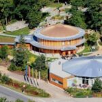 Luftaufnahme eines kreisförmigen Gebäudekomplexes aus Holz, umgeben von Bäumen und Wegen, mit mehreren Personen, die herumlaufen, und geparkten Autos in der Nähe des Eingangs.