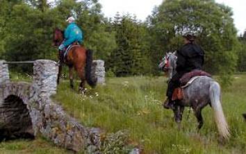 Zwei Menschen auf Pferden reiten über eine Wiese, einer überquert eine kleine Steinbrücke, der andere folgt. Im Hintergrund sind Bäume zu sehen.