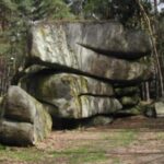 Große, geschichtete Felsformation in einem bewaldeten Gebiet mit Moos und Bäumen im Hintergrund.