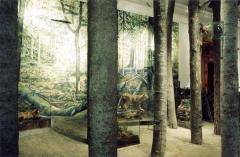Museumsexponat mit realistischen Baumstämmen und einer Waldkulisse, in der präparierte Tiere und Waldlandschaften gezeigt werden.
