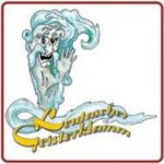 Illustration eines freundlichen Gespenstes oder einer Geisterfigur aus wirbelndem blauen Rauch mit Gesicht und Hand, daneben der gelbe Text "Leutascher Geisterklamm.