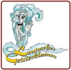 Illustration eines freundlichen Gespenstes oder einer Geisterfigur aus wirbelndem blauen Rauch mit Gesicht und Hand, daneben der gelbe Text "Leutascher Geisterklamm.