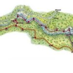 Illustrierte Wanderkarte, die einen Fluss zeigt, der durch ein Waldgebiet fließt, mit markierten Wegen, nummerierten Punkten und beschrifteten Orientierungspunkten entlang der Strecke.