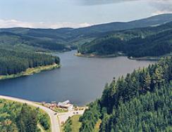 Luftaufnahme eines Flusses oder Stausees, umgeben von dichtem grünem Wald und Hügeln, mit einem kleinen Gebäude und einer Straße in der Nähe des Ufers.