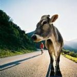 Eine Kuh steht auf einer gepflasterten Straße, während sich im Hintergrund eine Person auf einem Fahrrad nähert, umgeben von Grünflächen und Hügeln unter einem klaren Himmel.