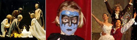 Drei Bilder nebeneinander: Puppentheateraufführung, Kind mit Fledermausgesicht und -umhang und Balletttänzer, die auf der Bühne mit Konfetti auftreten.