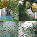 Vier Bilder zeigen Indoor-Boulderwände mit bunten Klettergriffen und -matten, die Kletterer an überhängenden und senkrechten Flächen zeigen.