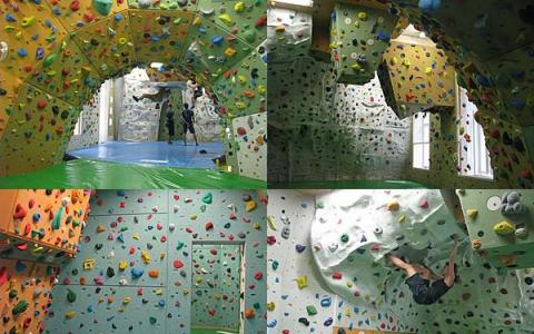 Vier Bilder zeigen Indoor-Boulderwände mit bunten Klettergriffen und -matten, die Kletterer an überhängenden und senkrechten Flächen zeigen.