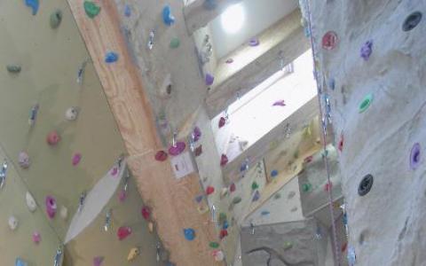 Indoor-Kletterwand mit verschiedenfarbigen Griffen und Kletterrouten, von unten betrachtet, in einem hohen, gut beleuchteten Raum.