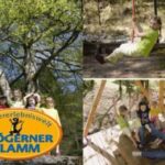 Kinder spielen in einem Naturpark, einige stehen hinter einem Schild mit der Aufschrift "Wassererlebniswelt Trögerner Klamm", andere freuen sich über Spielgeräte.