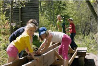 Mehrere Kinder spielen im Freien auf einer Holzkonstruktion in einem bewaldeten Gebiet, mit Bäumen und Grün im Hintergrund.