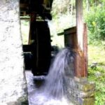 Ein hölzernes Wasserrad, das an einem steinernen Gebäude befestigt ist, wird durch fließendes Wasser in einem bewaldeten Außenbereich gedreht.