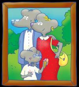 Illustration einer Mäusefamilie; zwei Erwachsene und ein Kind posieren gemeinsam im Freien, wobei das Kind eine Eistüte hält.