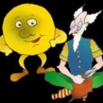 Cartoon einer lächelnden gelben runden Figur mit Armen und Beinen, die neben einem älteren Mann mit Brille und langem weißen Bart steht, der im Schneidersitz sitzt und ein Werkzeug hält.