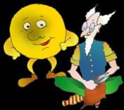 Cartoon einer lächelnden gelben runden Figur mit Armen und Beinen, die neben einem älteren Mann mit Brille und langem weißen Bart steht, der im Schneidersitz sitzt und ein Werkzeug hält.