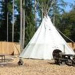 Ein weißes Tipi aus Segeltuch steht auf Holzspänen neben Picknicktischen und einem Holzzaun, umgeben von Bäumen.