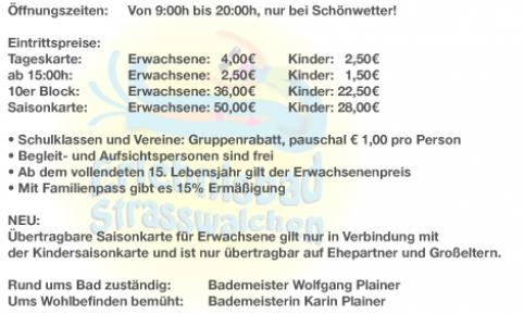 Informationsblatt mit Öffnungszeiten, Eintrittspreisen, Ermäßigungen und Kontaktdaten für ein Schwimmbad in Strasswalchen, Österreich.