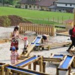 Mehrere Kinder und Erwachsene spielen mit einer Wasserspielanlage auf einem Spielplatz im Freien, mit Wiesen und Häusern im Hintergrund.