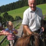 Ein älterer Mann führt ein Pony, auf dem ein kleiner Junge reitet, während eine Frau das Kind stützt; sie befinden sich an einem sonnigen Tag im Freien mit grünen Feldern und Bäumen im Hintergrund.