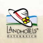 Das Logo der Landhotels Österreich zeigt einen weißen Hut mit roten Streifen und einer gelben Blume über dem Text "Landhotels Österreich".