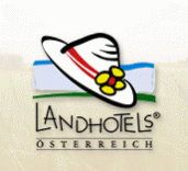 Das Logo der Landhotels Österreich zeigt einen weißen Hut mit roten Streifen und einer gelben Blume über dem Text "Landhotels Österreich".