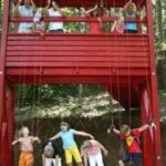 Kinder auf einer unteren Plattform scheinen wie Marionetten von Menschen gesteuert zu werden, die Seile auf einer oberen Plattform einer roten Holzkonstruktion im Freien halten.